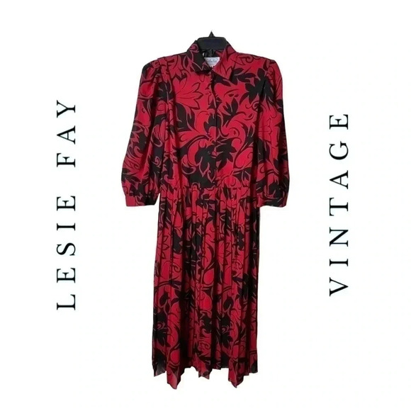 1385. VINTAGE‎ LESIE FAY 80’ TROPICAL PRINT CAREER PLEATED SECRETARY DRESS MIDI - Picture 1 of 10